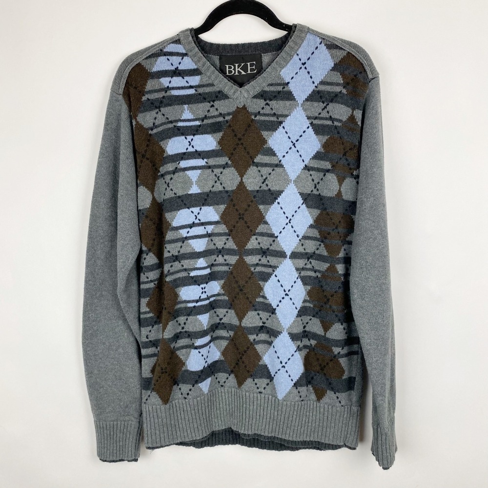 BKE Argyle V-Neck‎ Sweater Mens Size XL Gray Brown Blue Cotton Pullover Classic